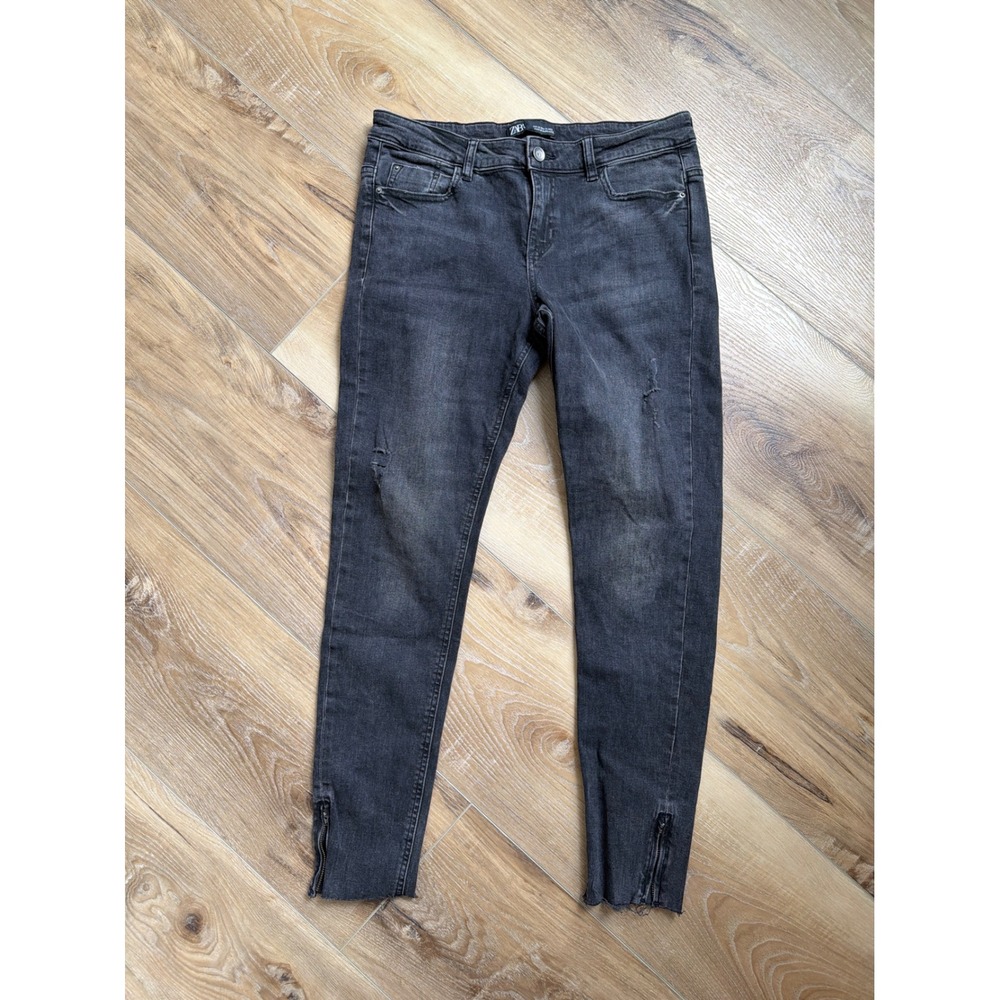 Zara Black Distressed Skinny‎ Jeans Ankle Zip Raw Hem Size 6 EUR 38